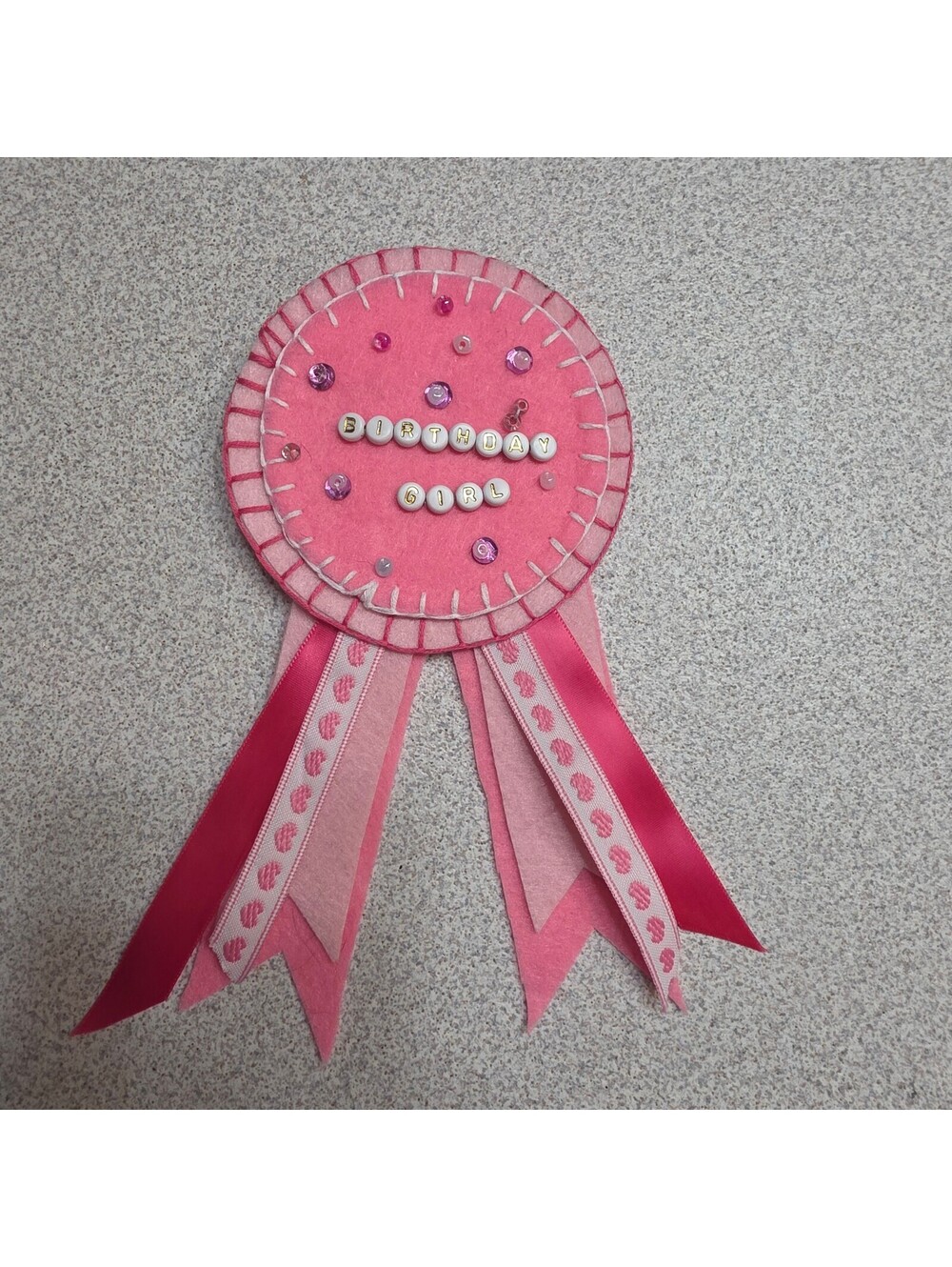 Handmade Pink Felt Birthday Girl Badge Ribbon with pin